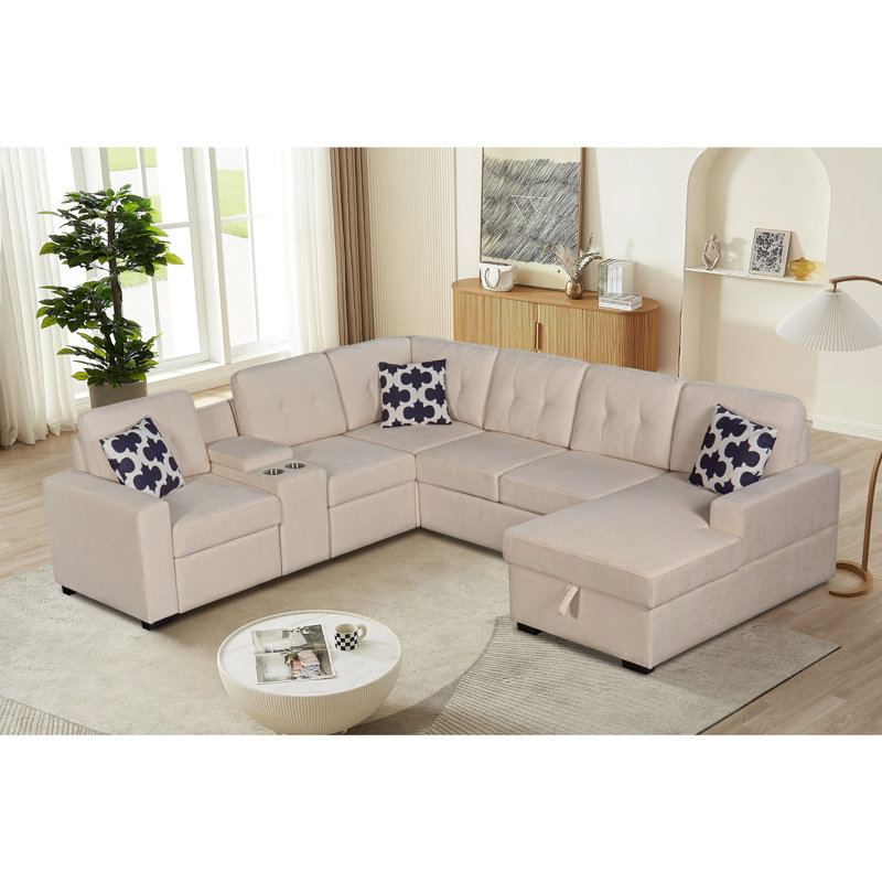 Canapé modulaire multifonctionnel en forme de L avec porte-gobelets intégrés, compartiments de rangement cachés et sièges convertibles