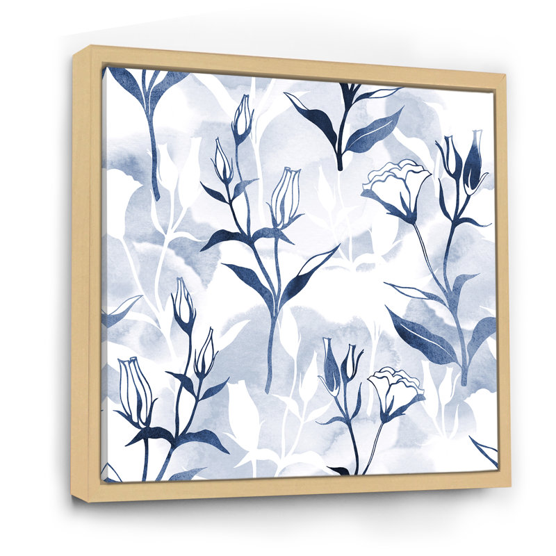 Fleurs bleues bleues sur fond blanc, reproduction d'art sur toile, Cadre flottant en érable, H 36 po x l 36 po x P 1 po