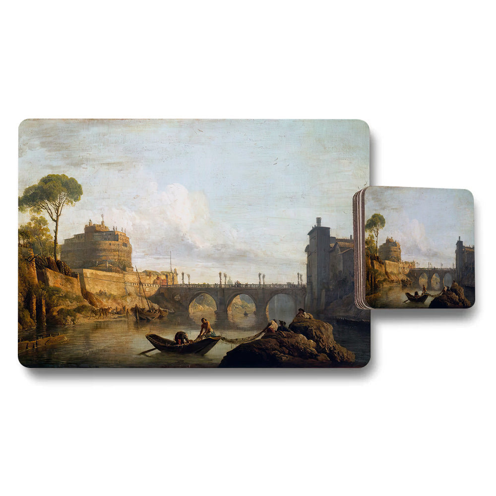 River Landscape Placemats And Coaster Set With Bridge And Boats