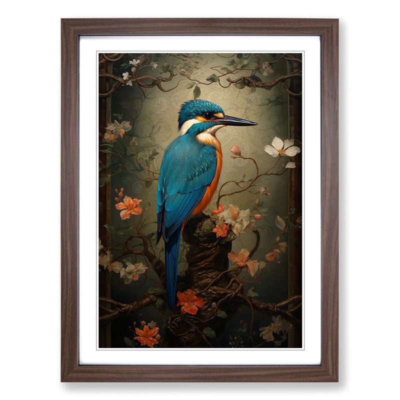 Kingfisher Victorian No.2 - Single Picture Frame Print on Wood, Walnut Framed, 34cm H x 25cm W