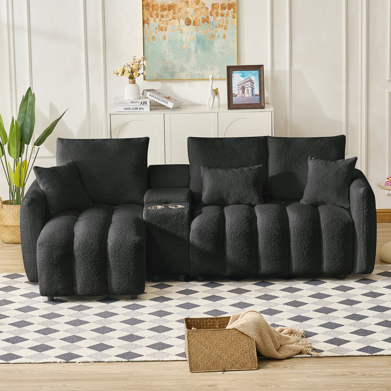 91.7 Inch Premium Teddy Fabric Sofa, Modern Sectional Cloud Sofa with Console, USB Charger, Cup Holder, and Storage for Living Room and Apartment