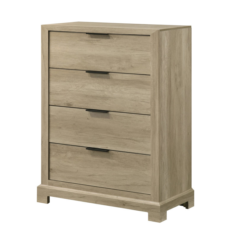 Commode Linden à 4 poignées avec poignées de bar élégantes, rangement moderne pour la chambre à coucher avec lignes épurées et finition grain de bois chaud