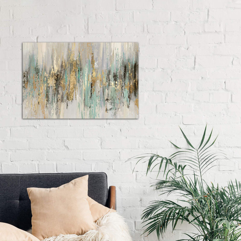 «Dripping Gold I» par Tom Reeves - reproduction imprimée, H 26 po x l 40 po, Toile tendue, Sans cadre
