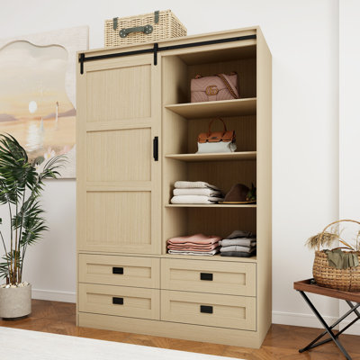 Armoire Wardrobe Closet With 4 Drawers For Bedroom,Wooden Wardrobe With Sliding Doors & Shelves For Bedroom by Gracie Oaks