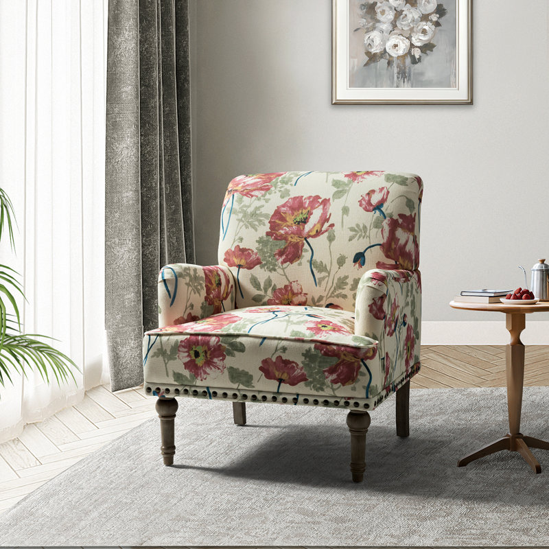 Fauteuil rembourré à imprimé floral l 28,7 po Antoan, Mélange de polyester rouge / beige