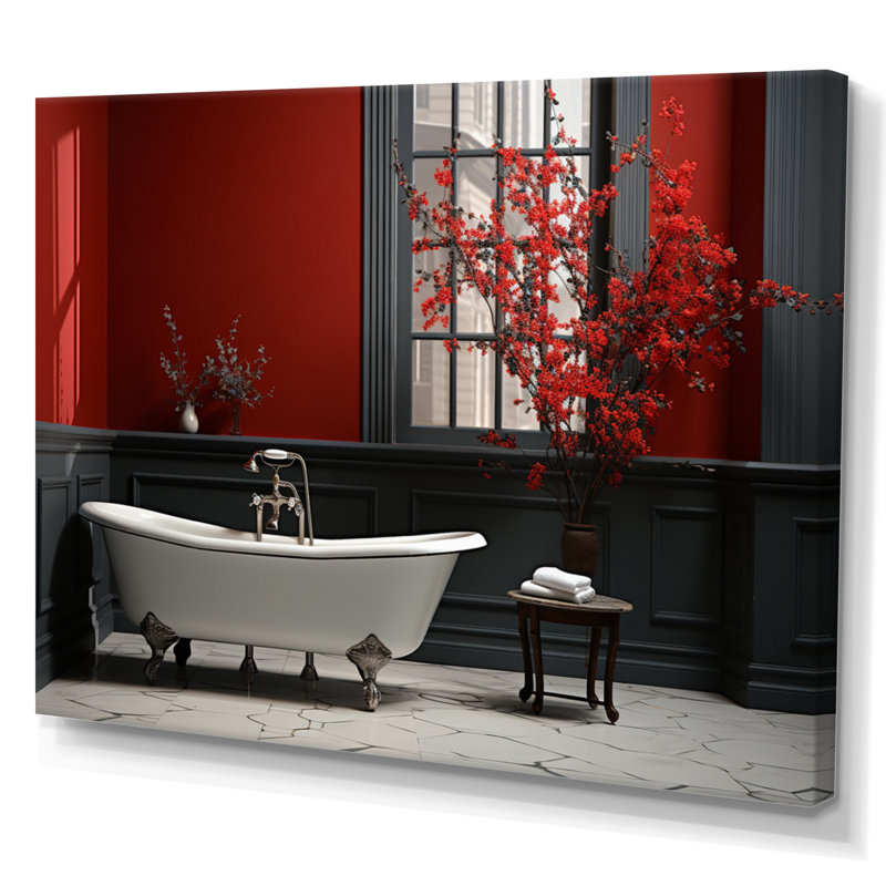 Rouge moderne, charme de salle de bain V - Art mural, Toile tendue, H 12 po x l 20 po x P 1 po