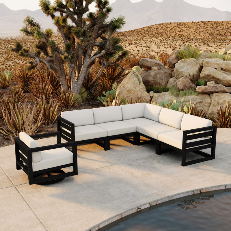 Ensemble modulaire 6 pièces avec pivot Rugiatu, Noir, Toile Sunbrella® naturel