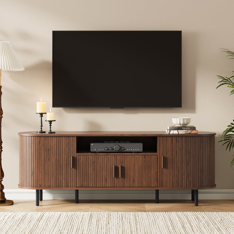 Modern Wood TV Stand With Storage And Shelves, Walnut