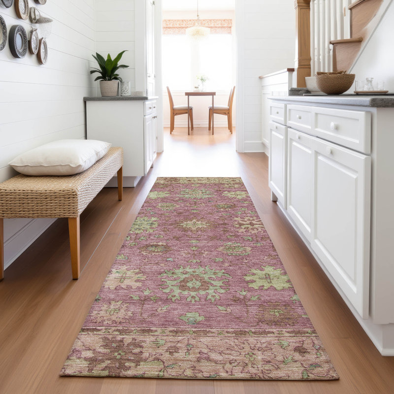 Tapis intérieur / extérieur rose lavable à la machine Xhevrie, Tapis de couloir 2 pi 3 po x 7 pi 6 po