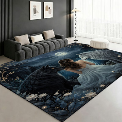 Fantasy Wolf Forest Moon Night Artistic Area Rug, Mystical Creature Couple Design, Non-Slip Floor Carpet, Indoor Home Decor for Living Room, Bedroom, Dormitory, Apartment