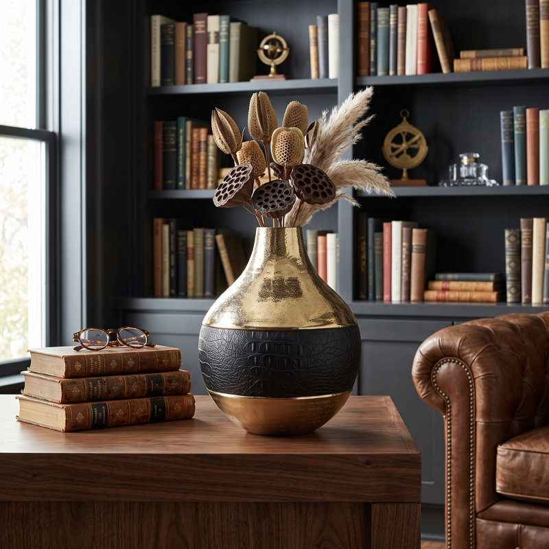 Vase en aluminium doré D10X12 "avec détails en cuir artificiel noir