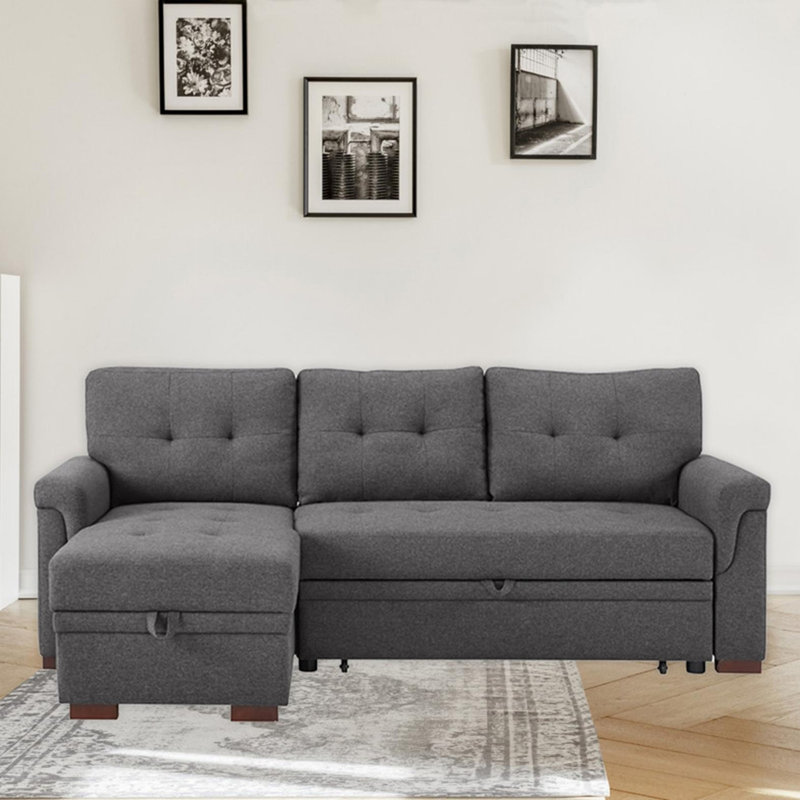 Linen Reversible Sleeper Sectional Sofa, Left Hand Facing, Black Gray Linen