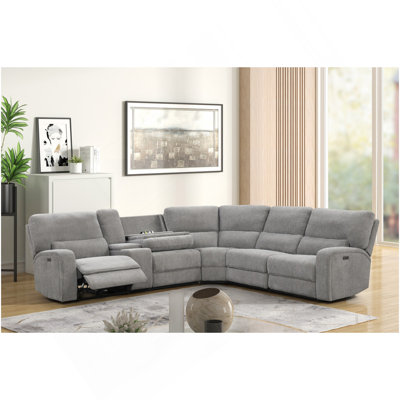 Anthony 114" Wide Light Gray Chenille Fabric Power Reclining Sectional With Power Headrest, Charging Ports, Storage, And Cupholders