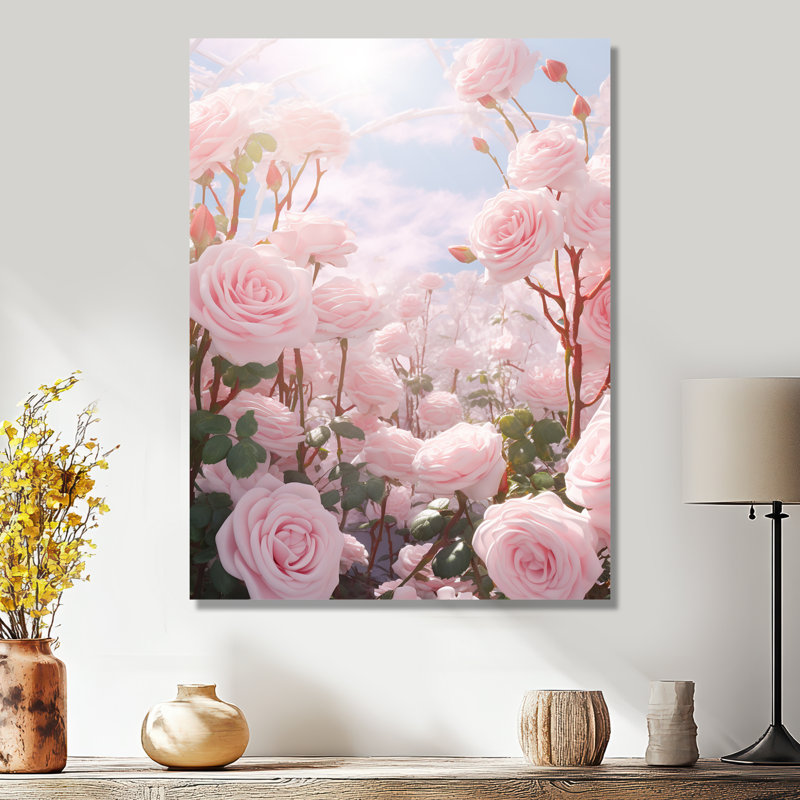 «Pink Roses Vibrant Blue Sunny Sky II - Roses», reproduction d'art, Métal métal, H 40 po x l 30 po x P 1,5 po