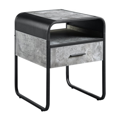 Table de bout élégante avec rangement, finition noire, métal et bois, faux béton gris, 22 lb, tiroir de style contemporain, cadre, gris béton, largeur de 18 pouces, profondeur, idéal