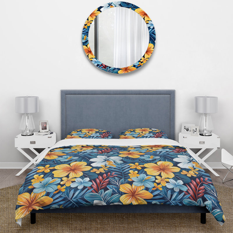 Ensemble de housse de couette jaune bleu tropical Tropical Blooms I - Midcentury