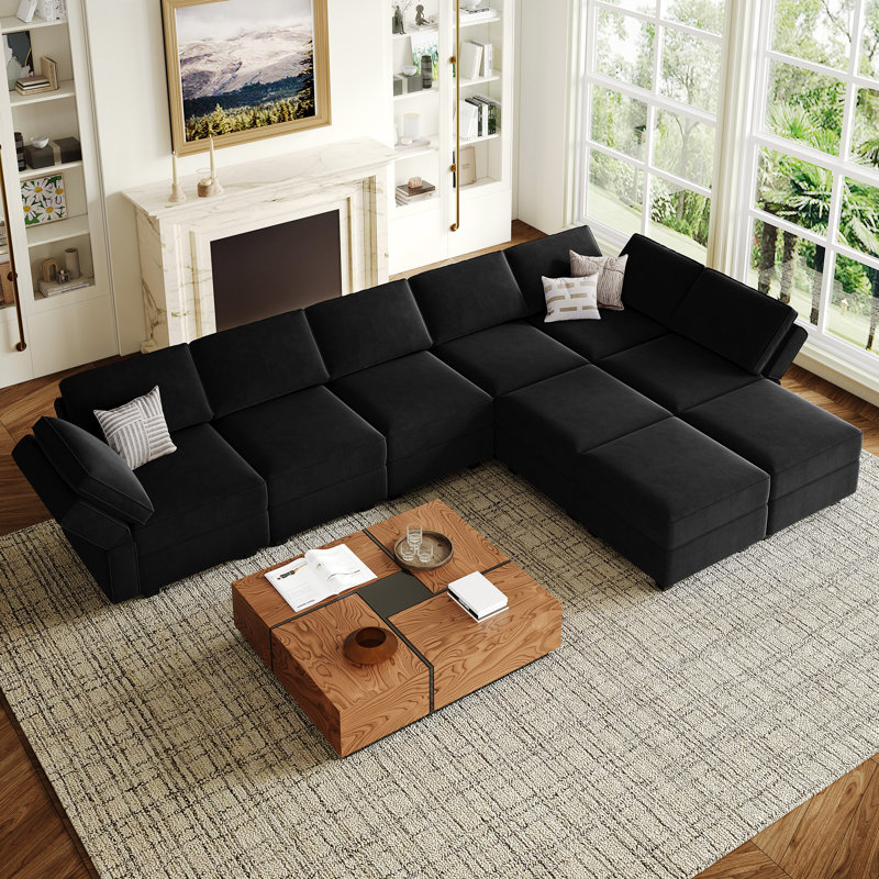 Wylodene 9-Piece Reversible Modular and Standard Velvet Sectional with Storage , Black Velvet