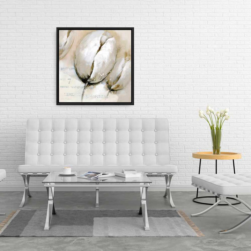 Tulips with Typography - Beige Framed Canvas for Home Decor