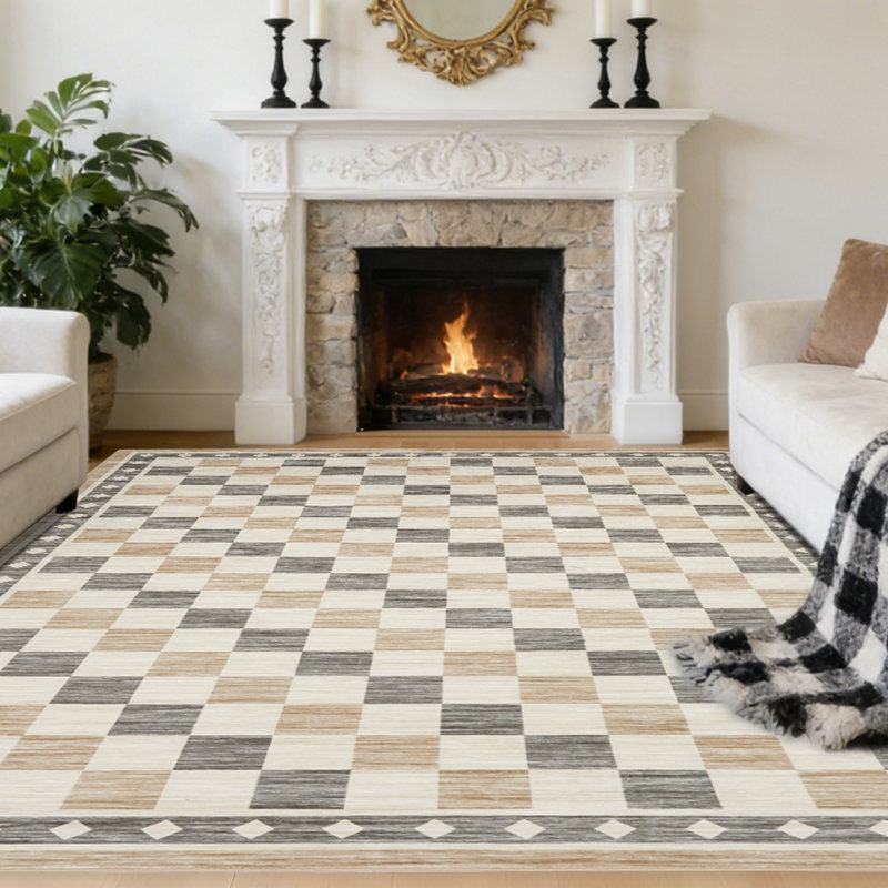 Modern Geometric Checkered Area Rug - Soft Low Pile, Washable, Non-Slip Carpet for Living Room, Bedroom, Dining Room, Beige