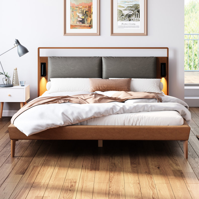 Full Size Brown & Gray Faux Leather Bed With 2Pcs Night Lights, High - Resilient Sponge Filled Headboard, Adjustable Led Slats For Even Weight Distribution, No Box Spring Required Support,