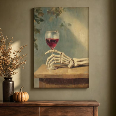 Skeleton Hand with Wine Glass Still Life Oil Painting Print Wrapped Canvas Wall Art, 24 x 36 Inches, Ready to Hang