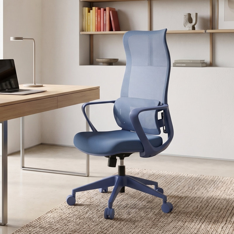Chaise de bureau ergonomique en filet à haut dossier avec support lombaire réglable, pivotant à 360 degrés, Bleu, Bleu