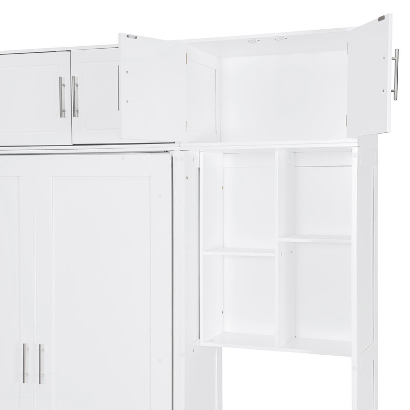Grand lit escamotable mural avec bureau, armoire supérieure et tablettes de rangement, lit pliable peu encombrant, Blanc