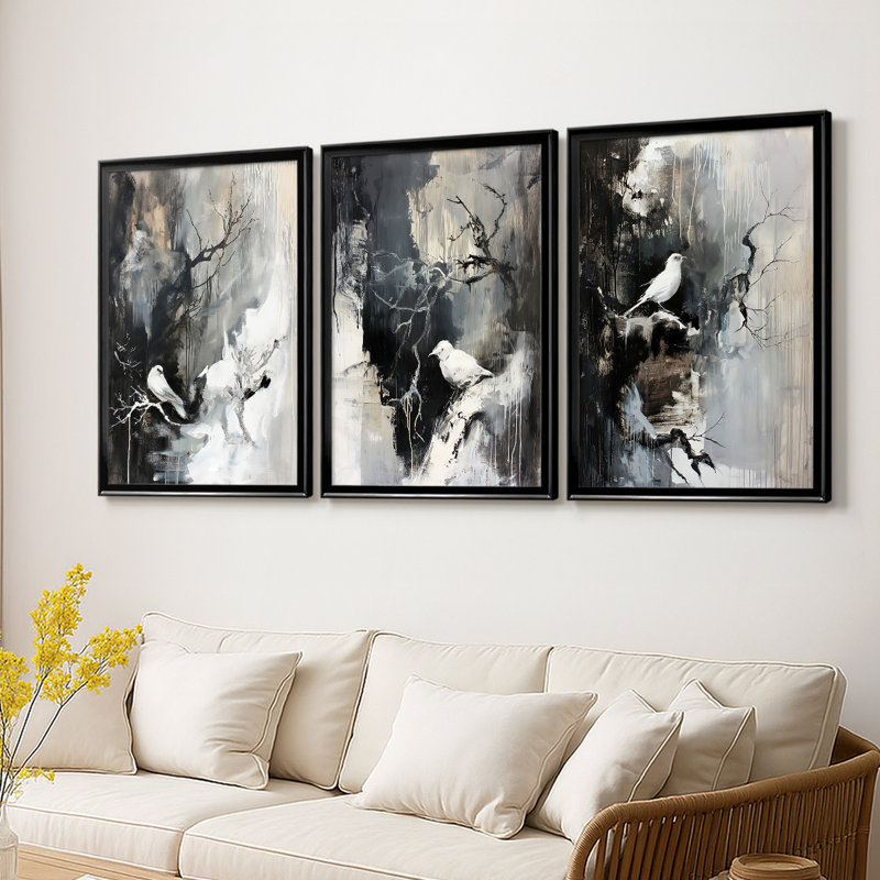 ANIMALS Series Lxxxx - Toile tendue avec châssis encadré - 3 pièces, H 21 po x l 30 po, Noir