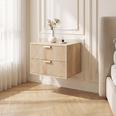 Modern Floating Nightstands Set of 2 Wall-Mounted Bedside Tables White Ribbed 2-Drawer 40x30x27.6cm No Legs
