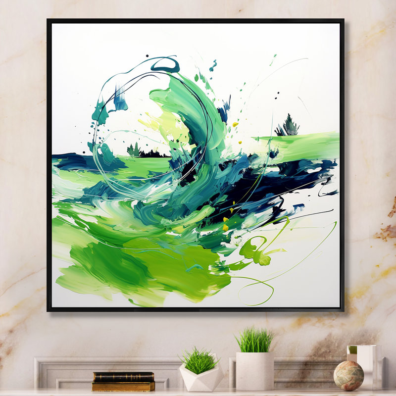 «White and Green Abstract Ink Expression I», art mural abstrait, Cadre flottant noir, H 30 po x l 30 po x P 1,5 po