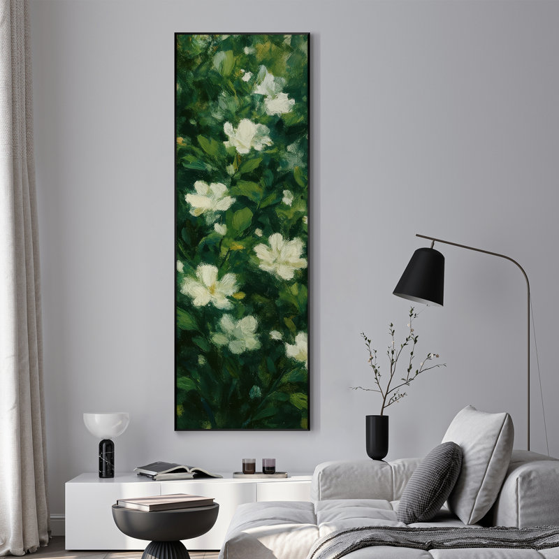 Très grande impression murale de jardin floral - fleurs blanches et feuilles vertes, décoration botanique pour le salon ou la chambre à coucher, assemblage requis