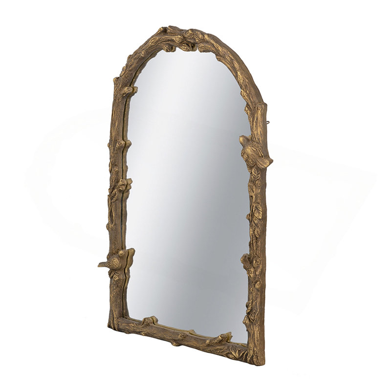 Miroir mural magnésien arqué avec motifs botaniques et oiseaux dorés