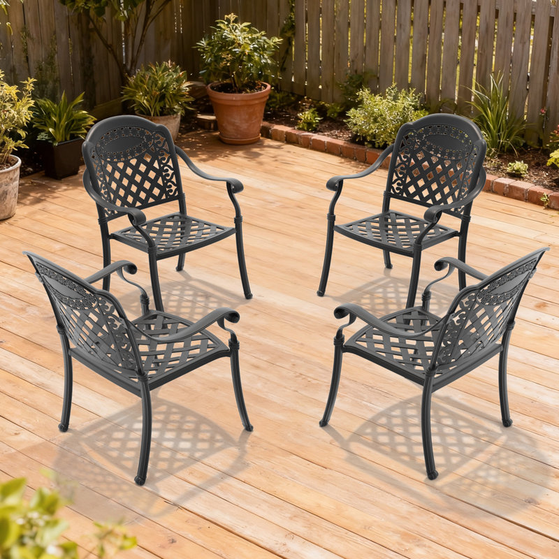 4 chaises de patio en fonte d'aluminium avec cadre noir, coussins rouges, lignes exquises et motifs de pétales, revêtement, accoudoirs confortables, empilable pour économiser de l'espace, nylon Pa66 résistant aux intempéries