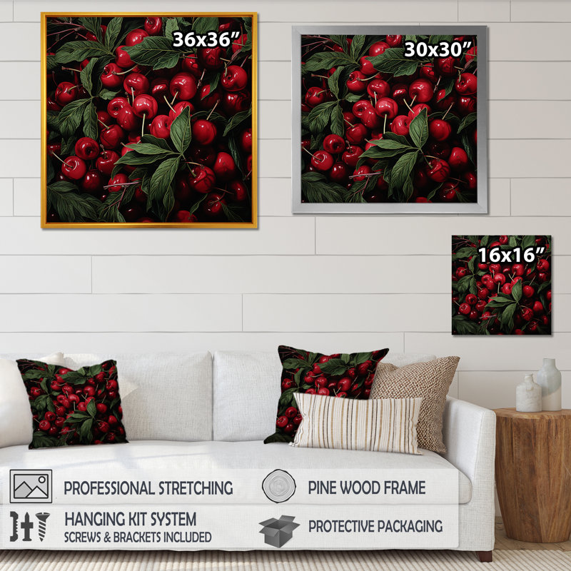 Red Cherry Tree Explosion 5 - art mural cerise, Cadre flottant noir, H 16 po x l 16 po x P 1 po