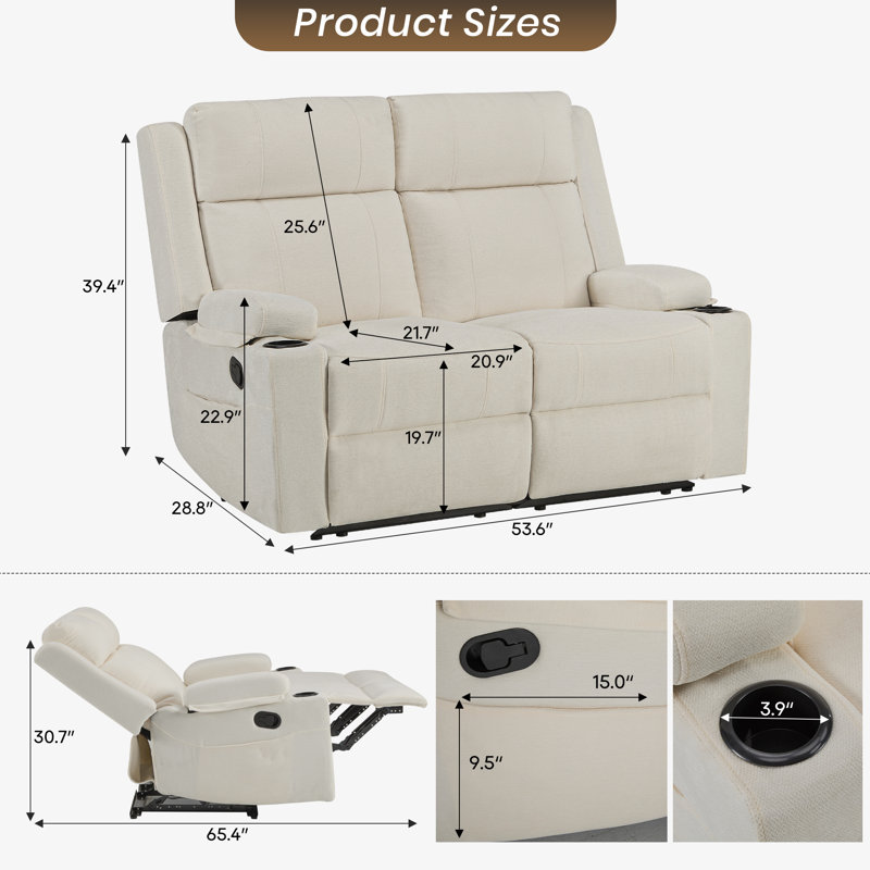Modern Chenille Manual Reclining Loveseat With Cup Holders & Storage Armrests, Adjustable Backrest, Compact Design For Living Room-Beige