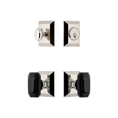 Fifth Avenue Square Rosette Complete Entry Set with Single Cylinder Deadbolt and Baguette Black Crystal Knob