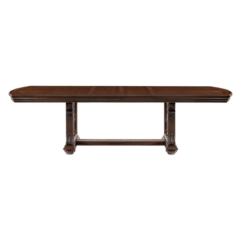 Pimm 80"–108" W Extendable Dining Table — Dark Oak Finish · Oak Veneer Top · Trestle Base