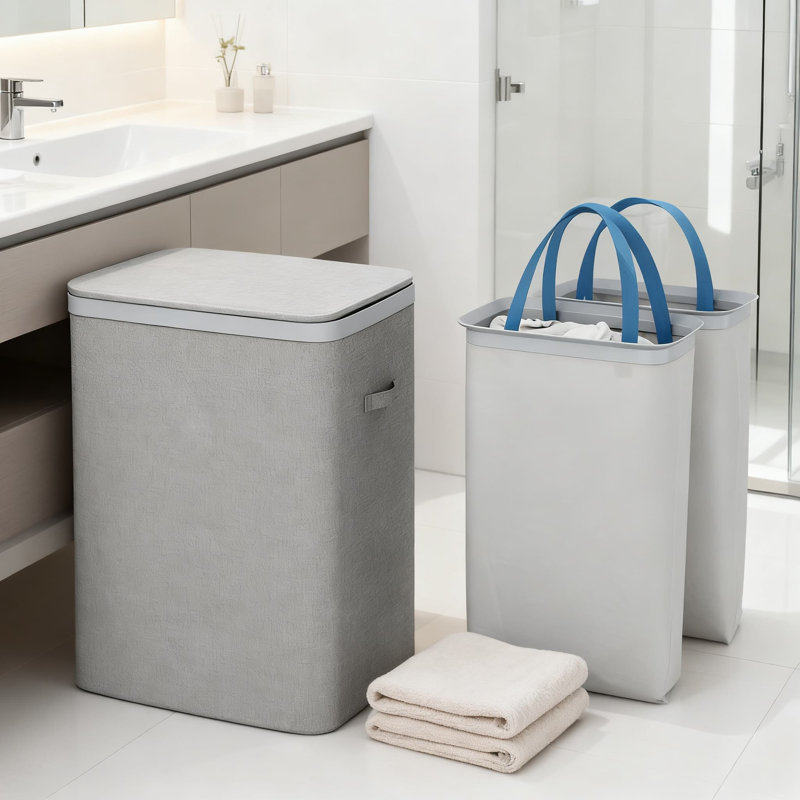 Grand panier à linge de 100 L avec couvercle, panier à linge pliable à deux compartiments pour vêtements légers et foncés, sacs amovibles, conception peu encombrante, installation sans outil