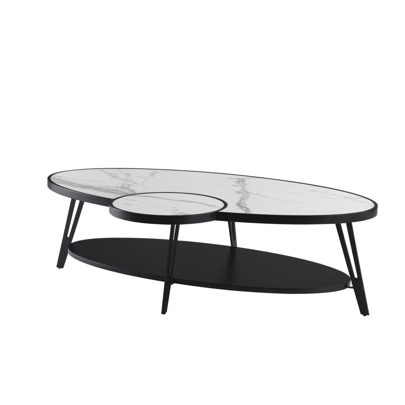 Table basse ovale en fer fritté blanc et noir 53 po avec tablette