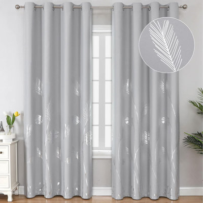 Light Grey Blackout Curtains 108 Inches Long, Silver Palm Tree Pattern Light Gray Curtains, Light Blocking Thermal Insulated Grommet Window Drapes For Bedroom, 52Wx108l, 2 Panels