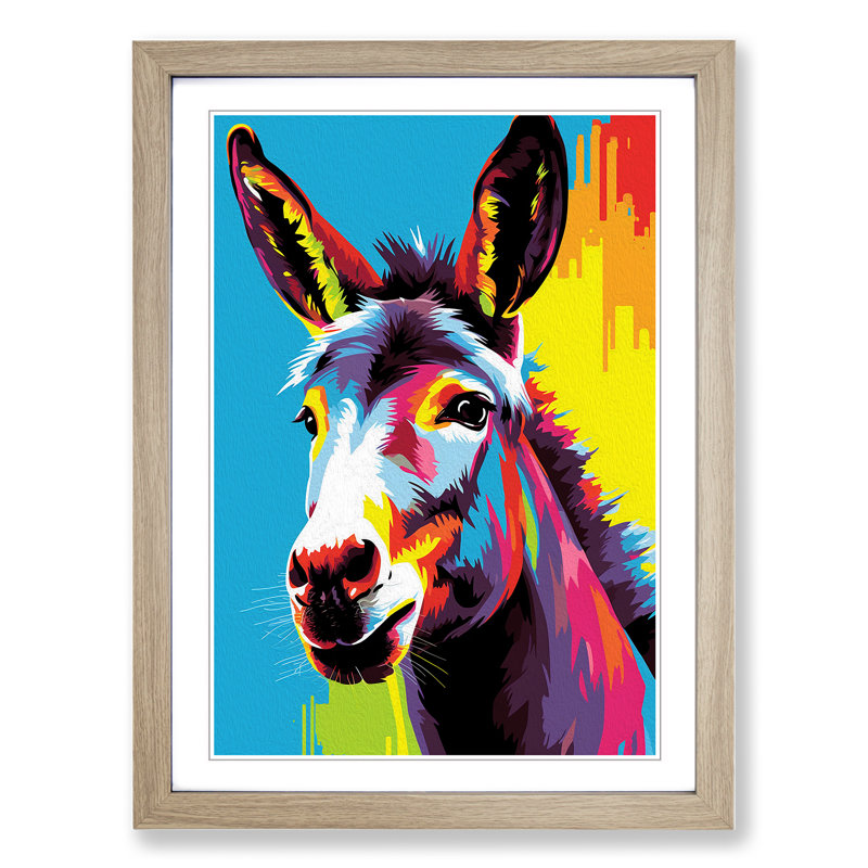 XYZ-FRM-V1223-541 Donkey Pop - Single Picture Frame Print on Wood, Oak, 34cm H x 25cm W x 2cm D