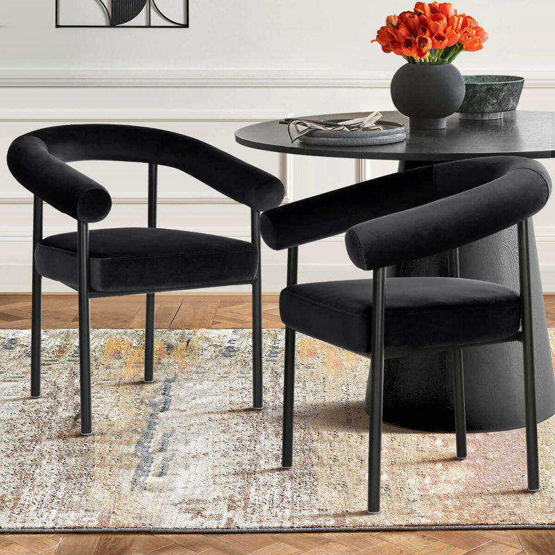 Chaise rembourrée moderne avec accoudoirs courbés, Velours noir
