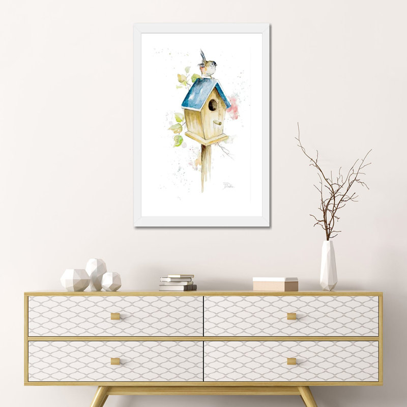 "Bird House I" par Patricia Pinto-impression, H 24 po x l 16 po x P 1 po, Papier encadré blanc, Blanc