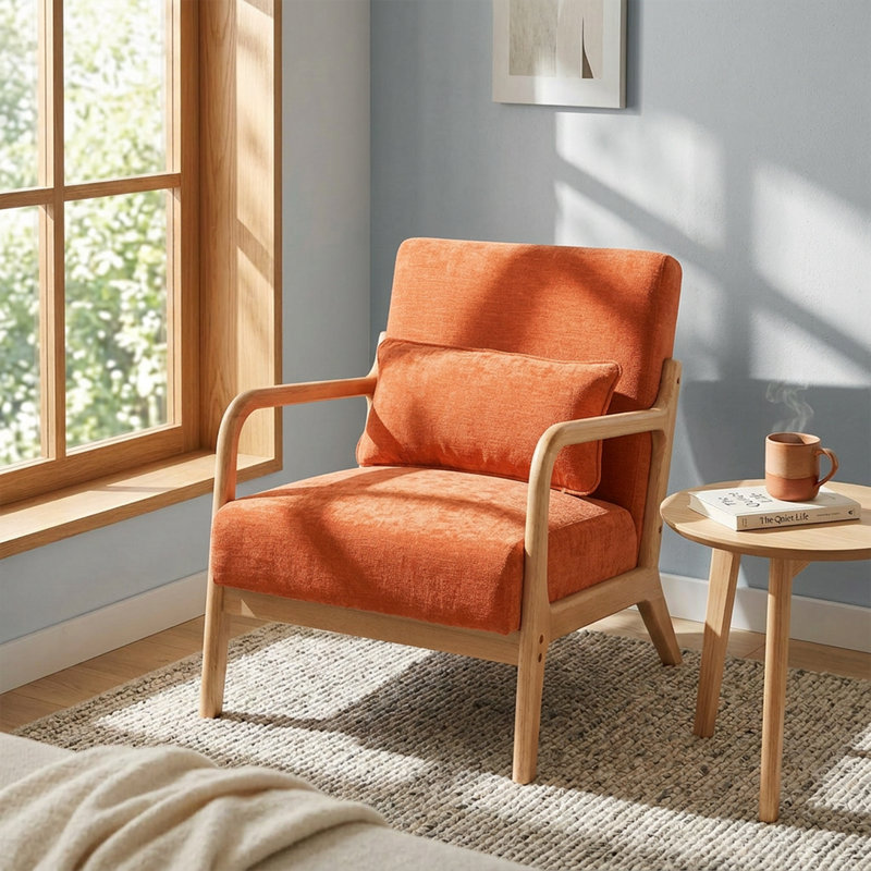 Chaise d'appoint Mid-Century moderne en bois massif avec dossier ergonomique, Orange