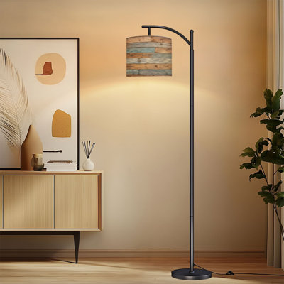 Arc Floor Lamp with Adjustable Lampshade Wood Prints Standing Lamp 3 Color Temperatures Dimmable Tall Pole Lamp with Foot Switch for Bedroom