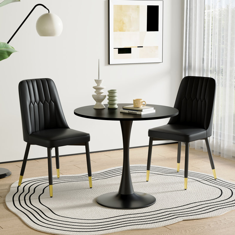 Ensemble de salle à manger rond moderne 3 pièces, table à piédestal noir et chaises capitonnées, Noir