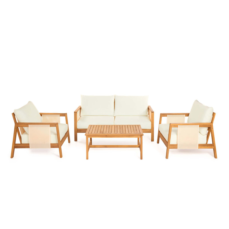 Ensemble de canapés d'extérieur 4 pièces avec coussins hydrofuges, structure en bois d'acacia, décorations en textilène et table basse assortie pour un patio, une terrasse ou une cour.
