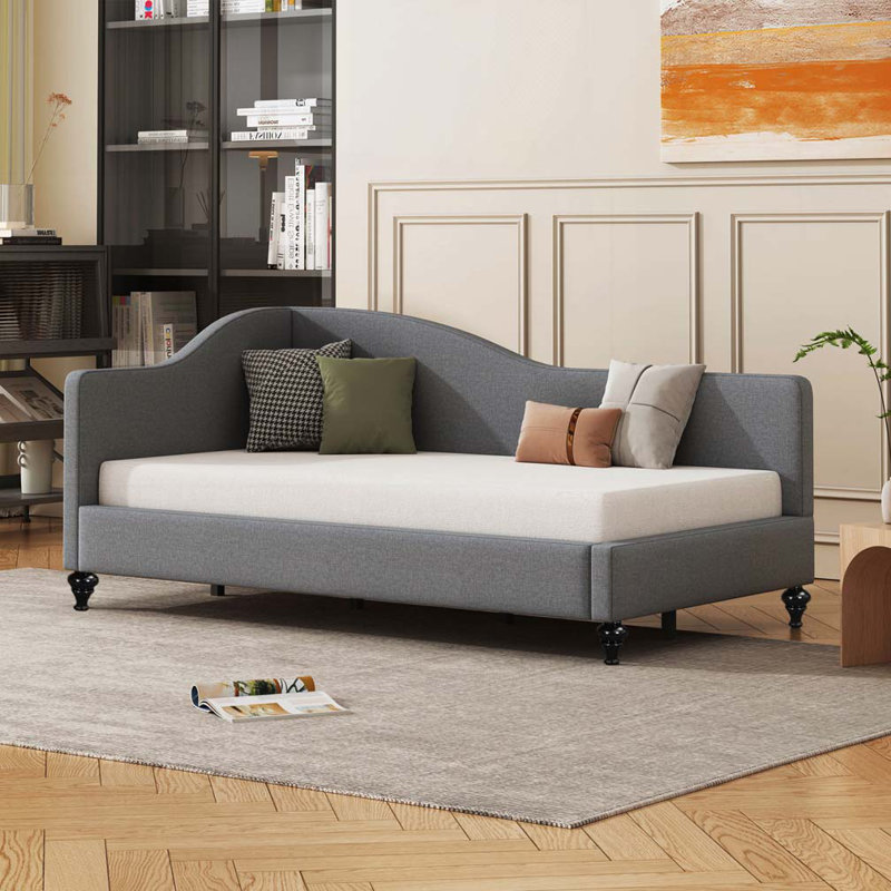 L-Shaped Linen Daybed, with Solid Wood Legs, Gray, Twin