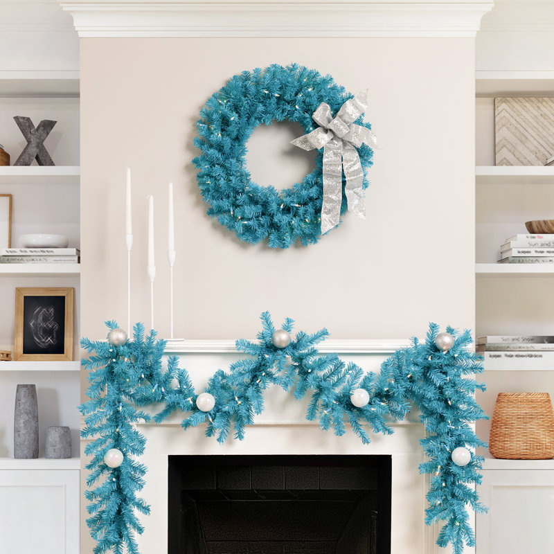 Pre-Lit Artificial Pine Christmas Garland - 9' - Clear Lights, Turquois Blue