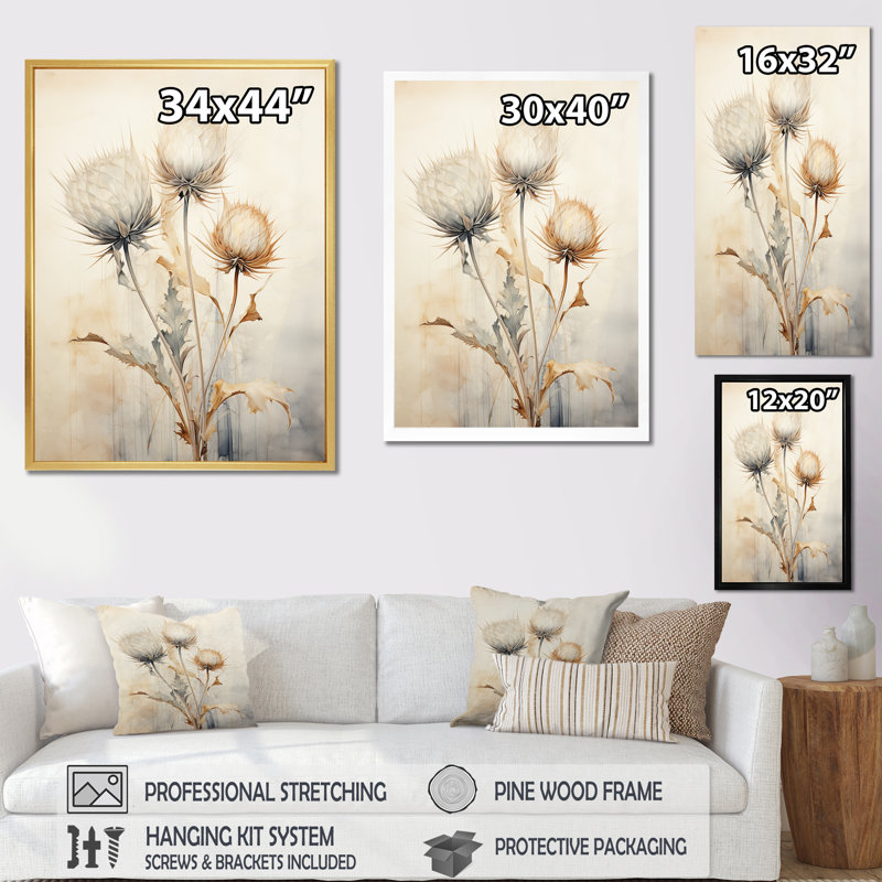 Décoration murale Thistle Mute Beige Beige III - chardon, H 20 po x l 12 po, Cadre flottant blanc